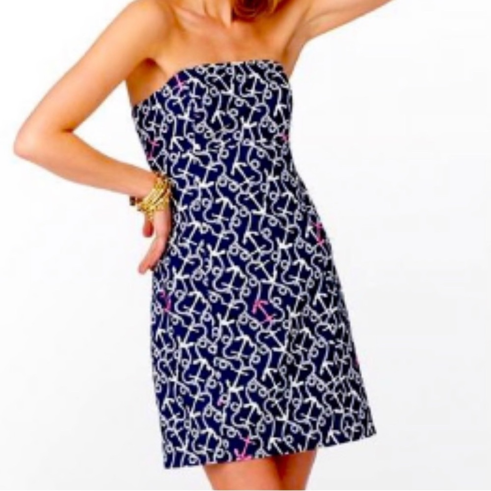 Lilly Pulitzer Strapless Dress in Navy and White with Anchor design.